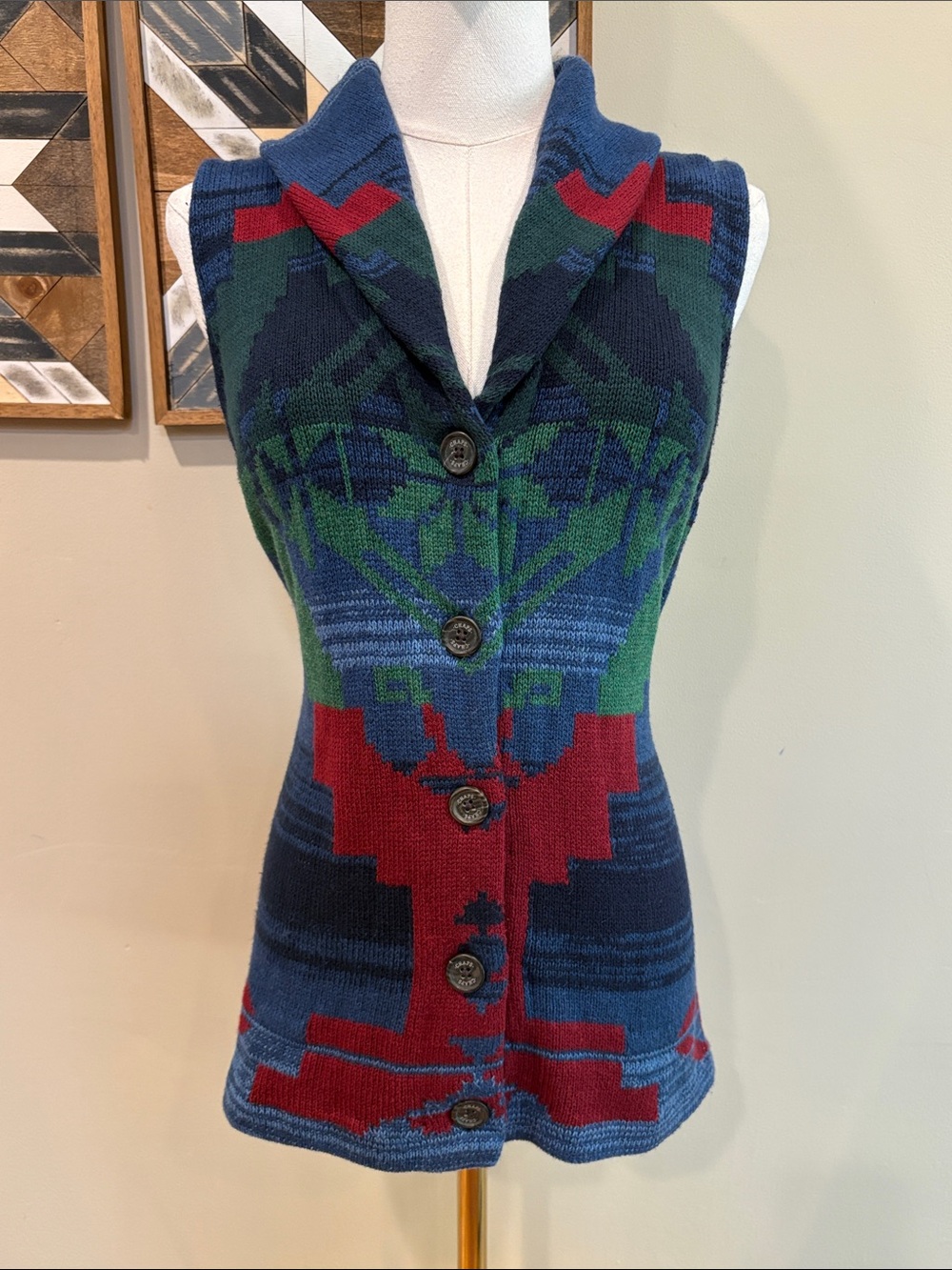 Vintage Chaps Ralph Lauren Southwestern Aztec Tribal Cardigan Sweater Vest Small - Picture 5 of 14